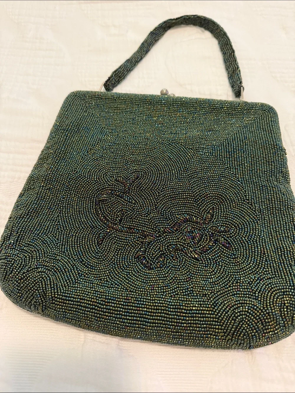 Beaded Antique Evening Handbag in Iridescent Dark Green Beads, etc All Perfect.